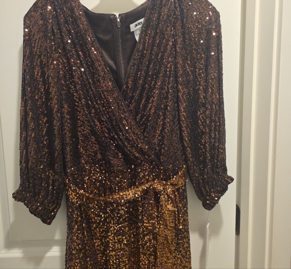 DKNY Two-Tone Bronze Sequin Wrap Midi Dress - Picture 8 of 16